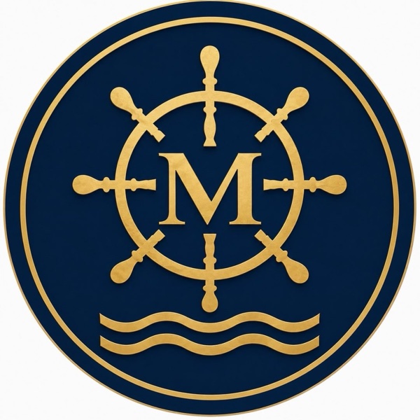 Emblema de Mareva: un timón dorado y la letra M